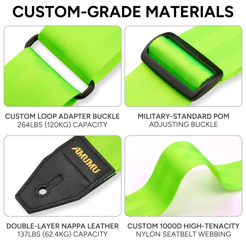 Amumu DURALINK Nylon Seatbelt Guitar Strap with Top Grain Leather Ends for Acoustic, Electric, Bass Guitar, with Quick-Fetch Pick Holder -Neo Green Neo Green