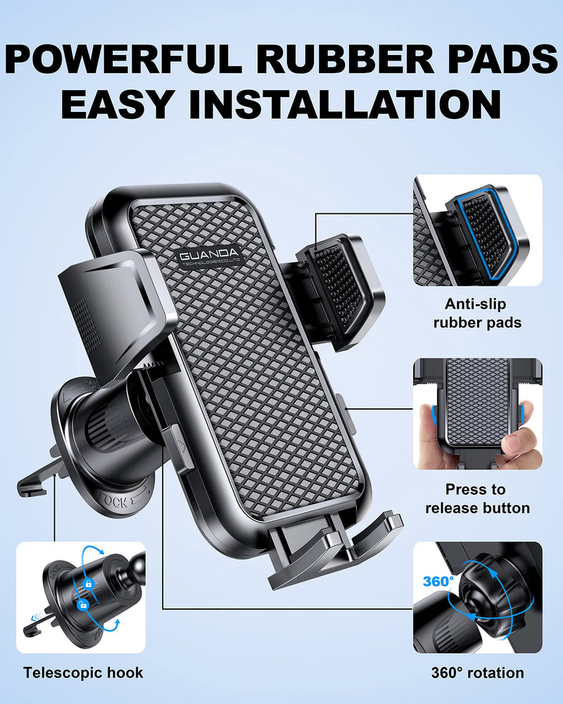 [2024 Newest] Car Vent Phone Mount, [Upgrade Hook Clip Never Shake] Adjustable 360 Rotation Vent Clip Car Phone Holder Mount, Big Phone & Thick Case Friendly Fit for All iPhone, Samsung & Cell Phone AC-Black Air Vent Hook
