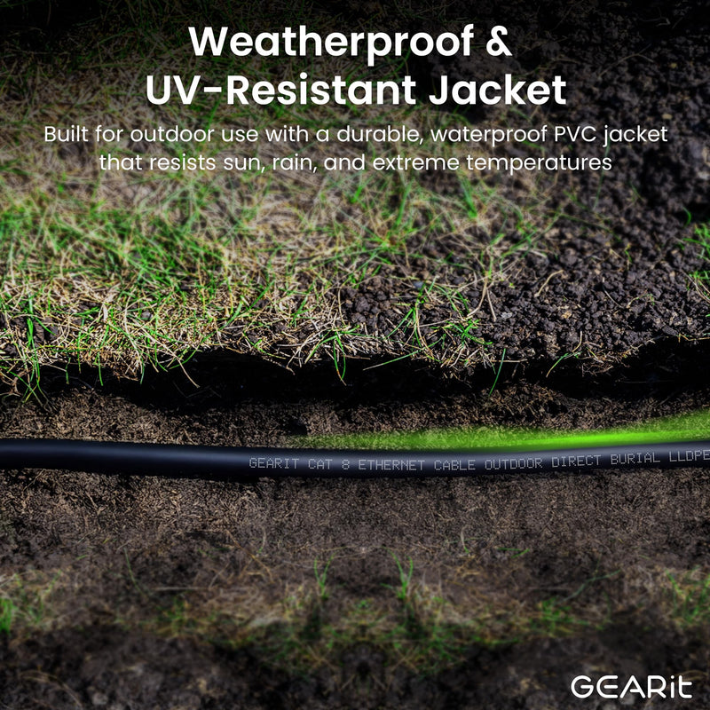 GEARit Cat8 Outdoor Ethernet Cable (50 Feet) Waterproof, Direct Burial, In-Ground, LLDPE UV Jacket, Pure Copper, 26AWG, 40Gbps 2000Mhz SFTP Patch Cord, POE, Network, Internet, Cat 8 Cable - 50ft Round Cable - Cat 8 Black 50 Feet