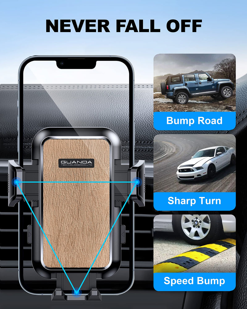 Air Vent Car Phone Holder, Adjustable Wide Clamp, Metal Hook, Anti-Shake | Universal phone cradle with one-hand release, 360° rotation and heat-resistant grip; holds heavy smartphones with cases. AC-Gold