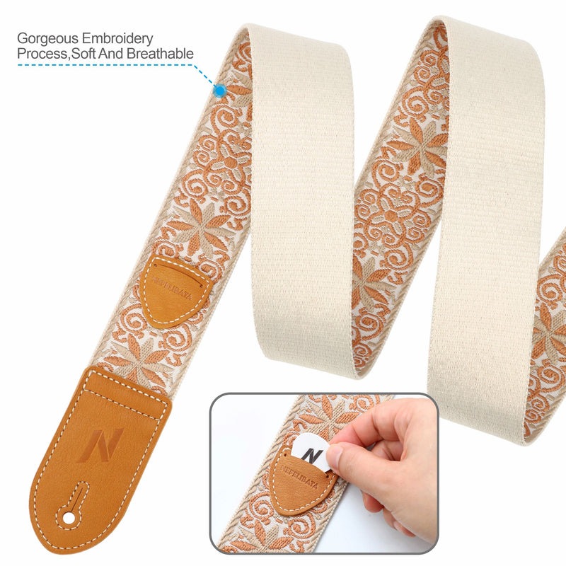 Nefelibata Guitar Strap,Double leather ends,Vintage Woven W/FREE BONUS-4 Picks+Strap Locks+Strap Button,Best Gift For Bass,Electric&Acoustic Guitars for Guitar(Vintage khaki yellow embroidery) A#-vintage Khaki Yellow Embroidery