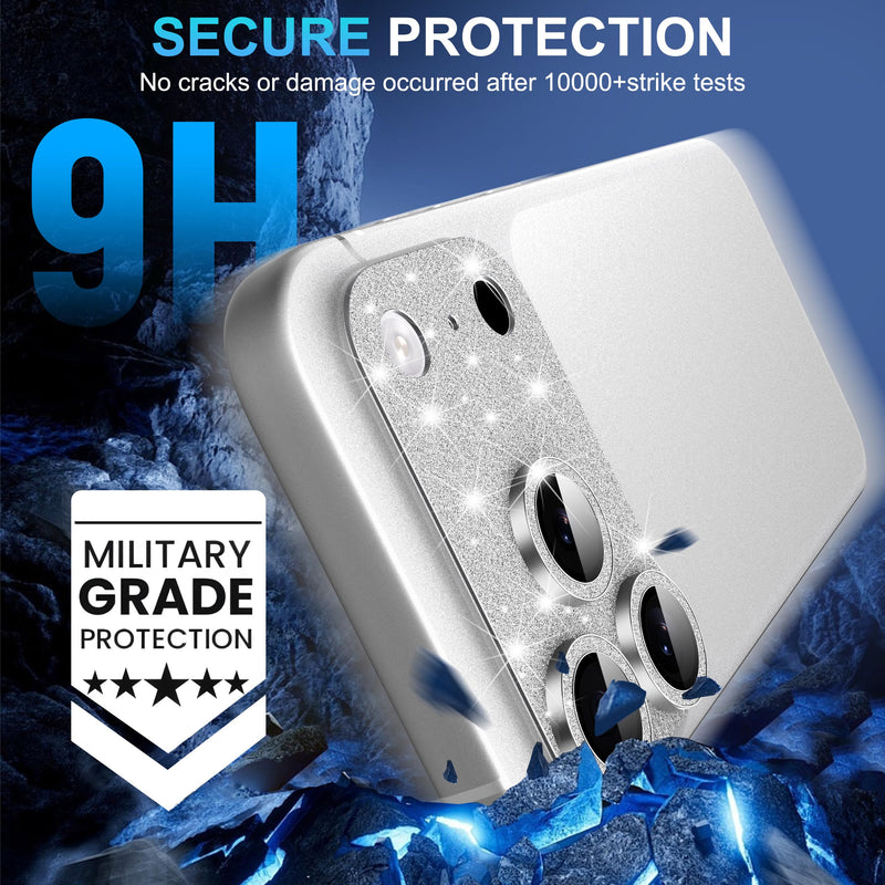 [AUSTRALIA] - Suoman for iPhone 17 Pro Camera Lens Protector, [All-in-one] [Strong-Adhesion] Bling Glitter Independent Metal Frame Tempered Glass Camera Lens Cover -Silver Sliver 