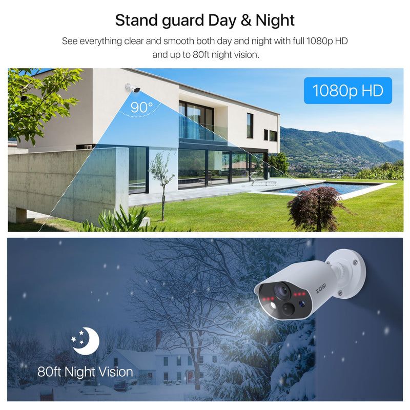 ZOSI 1080P HD-TVI Security Camera with Audio, 2MP 1920TVL Indoor Outdoor Surveillance Home Camera, Night Vision, PIR Motion Detection, IP66 Weatherproof, Only Work with ZOSI 3K Lite CCTV DVR Wired-1Cam