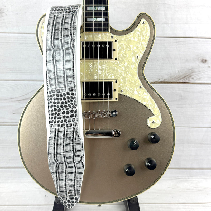 Walker & Williams F-23 Black Water Alligator Strap 3" Wide With Arctic White Padded Glove Leather Back For Acoustic, Electric, And Bass Guitars