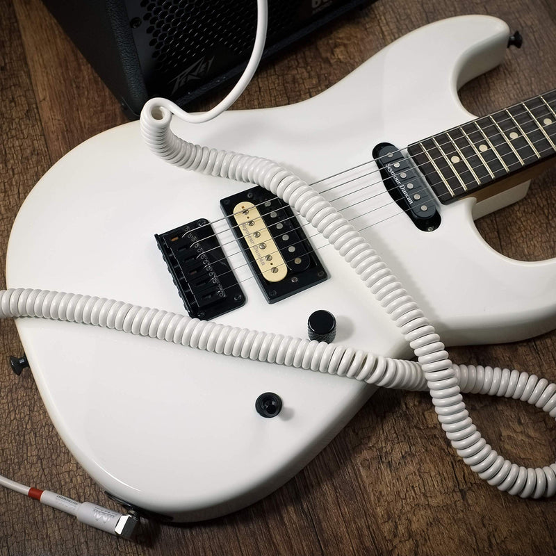 Premium Guitar Coil Cable 30 Feet, Instrument Coiled Curly Cord for Guitar Bass, 1/4 inch Right Angle to Straight, White 30' (White)