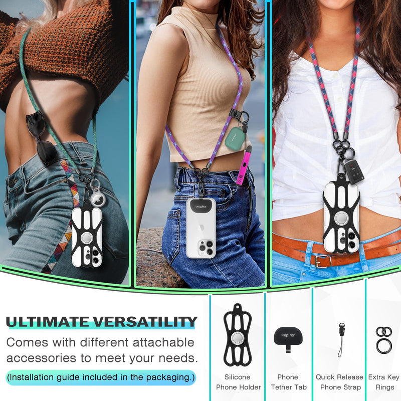 Kaptron Universal Cell Phone Lanyard: Adjustable Crossbody Cell Phone Strap with Silicone Phone Holder and Phone Tethers White Black 1 Pack