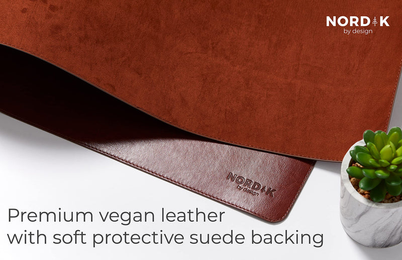 Nordik Leather Desk Mat Cable Organizer (Saddle Brown 35 X 17 inch) Premium Extended Mouse Mat for Home Office Accessories - Felt Vegan Large Leather Desk Pad Protector & Desk Blotter Pads Decor Saddle Brown