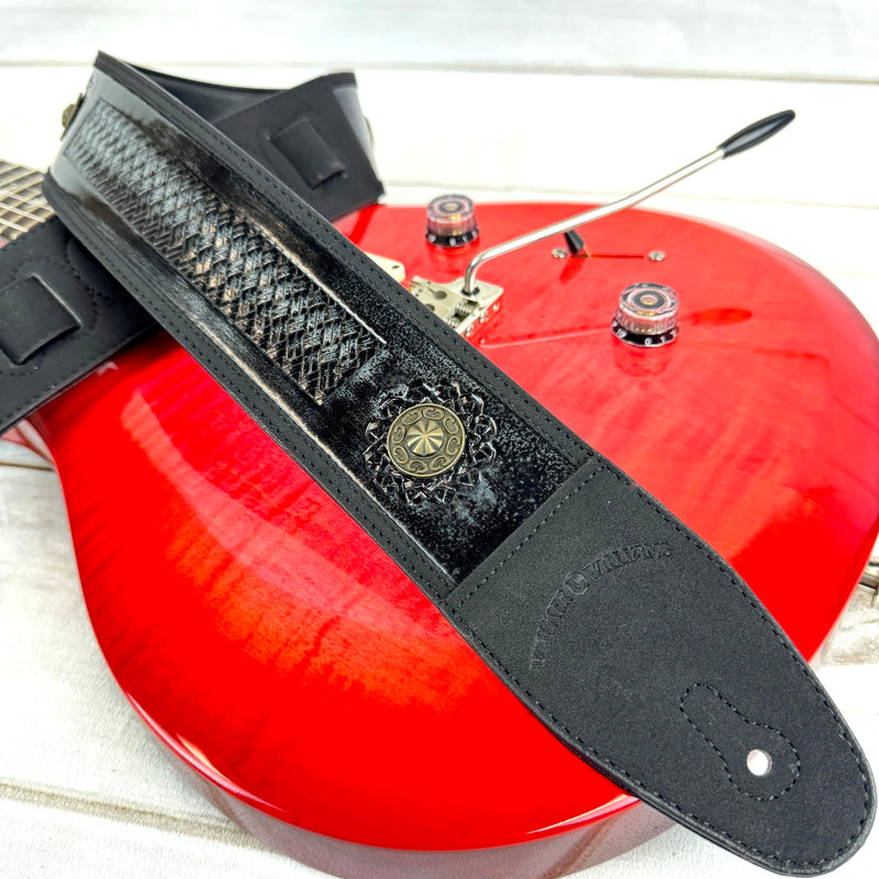 [AUSTRALIA] - Walker & Williams GE-102 Antique Black Padded Strap With Tooled Barcelona Weave And Brass Conchos 