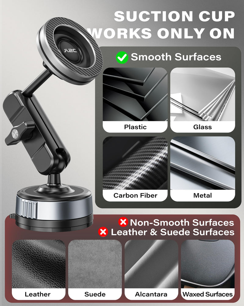 APPS2Car Car Phone Mount for MagSafe, Magnetic Suction Cup Holder | Windshield & Dashboard Mount, Aluminum Tri-Pivot Arm, 67mm Gel-Lock Twist-Lock Suction Cup, Universal Phone Compatibility