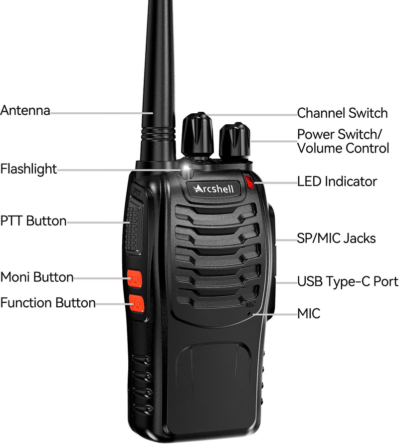 Rechargeable Long Range Two-Way Radios with Earpiece 2 Pack Arcshell AR-5 Walkie Talkies Li-ion Battery and Charger Included