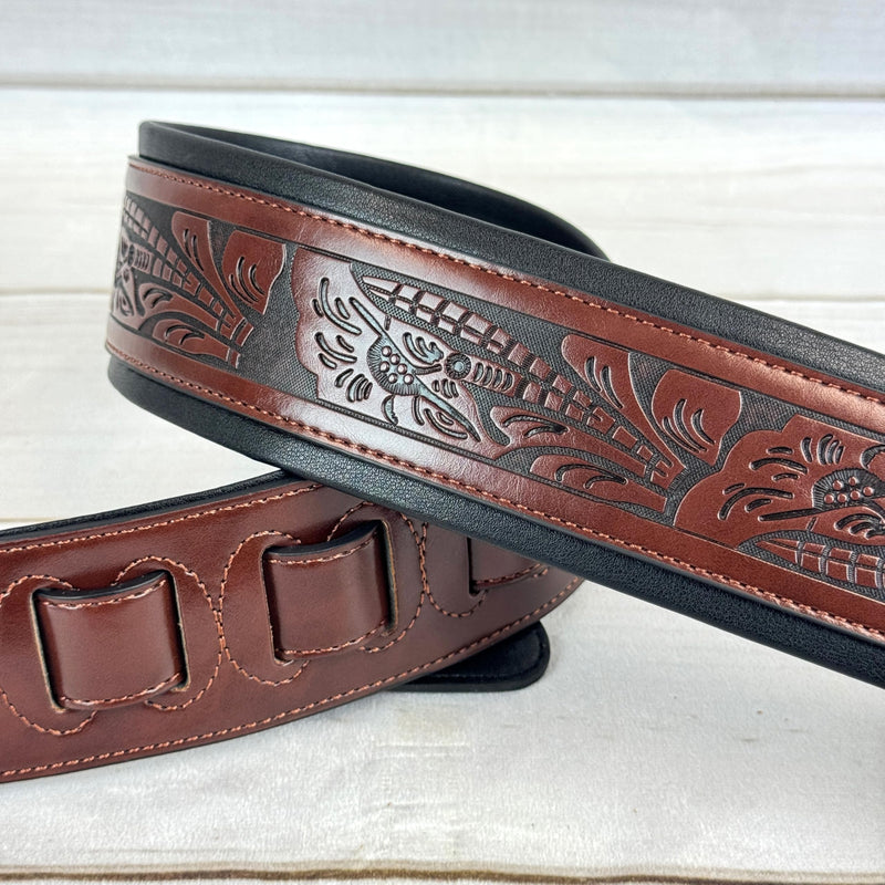 [AUSTRALIA] - Walker & Williams G-110 Mahogany Brown Padded Guitar Strap with Embossed Live Oak Tooling For Acoustic, Electric, And Bass Guitars 