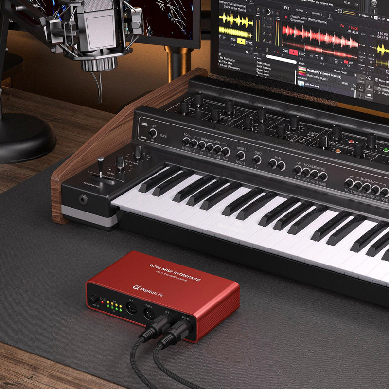 DigitalLife Stand-Alone Quad-I/O 5-PIN DIN MIDI Interface - MIDI Thru Box (4-In/4-Out) & MIDI Merge Box (2-In/4-Out), w/LED Indicators, Metal UMB05