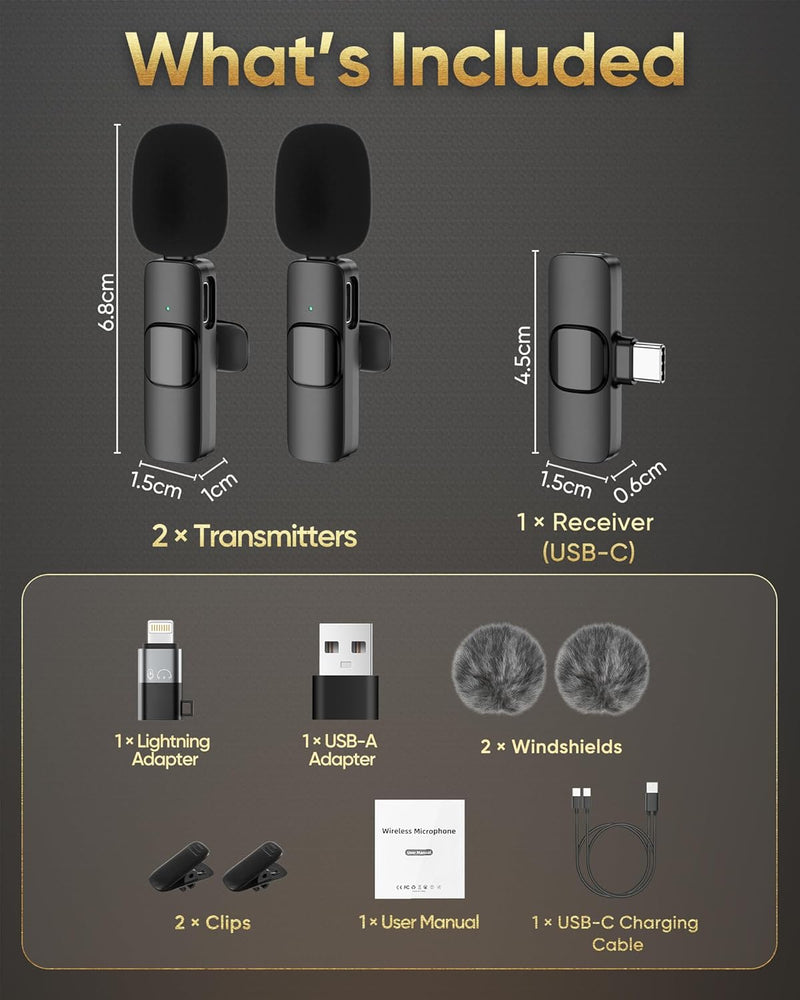 Wireless Lavalier Microphone for Android/iPhone/Computer/Laptop, Wireless Mic for iPhone15 with Noise Reduction Chip, Mini Microphone for Recording Podcast YouTube, TikTok(2 Pack)