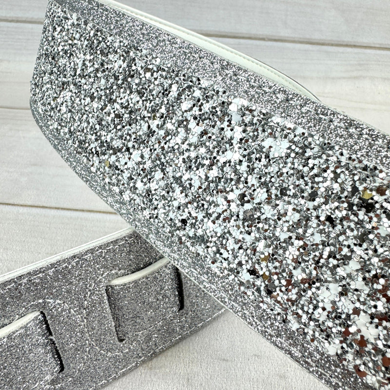 Walker & Williams WW-GL-108 Aria Glow Silver Super Sparkle Glitter Bomb Padded Guitar Strap White Glove Leather Back For Acoustic, Electric, And Bass Guitars