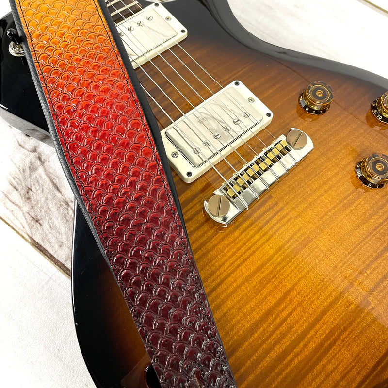 Walker And Williams KB-06 Premium Carved Fish Scale Guitar Strap In Painted Sunset Finish For Acoustic, Electric, And Bass Guitars