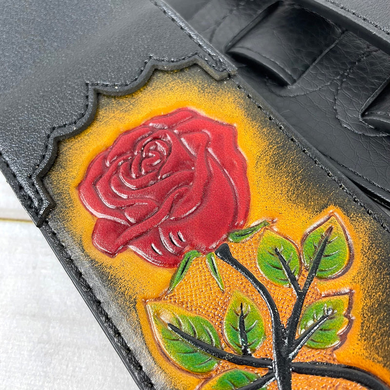 Walker & Williams CVG-56 Black Leather Strap With 100% Hand Tooled Red Rose Design
