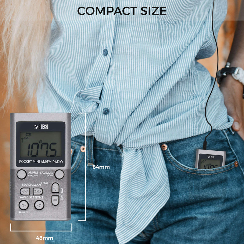 BTECH MPR-AF1 AM FM Personal Radio with Two Types of Stereo Headphones, Clock, Great Reception and Long Battery Life, Mini Pocket Walkman Radio with Headphones (Silver) MPR-AF1 Radio Silver