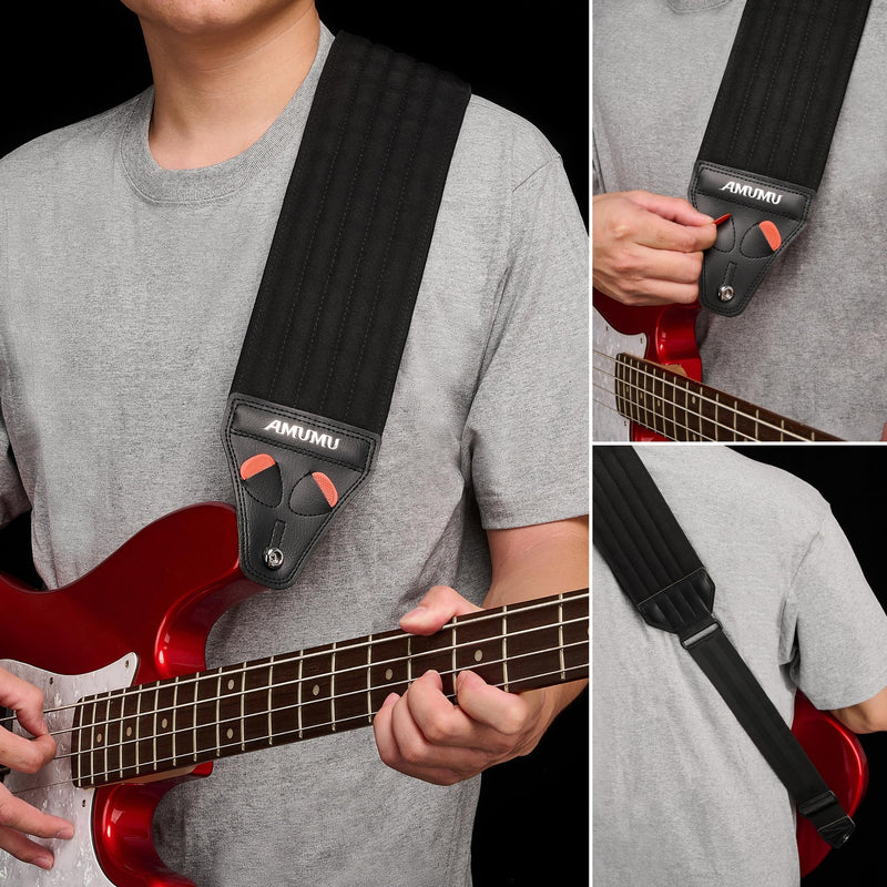 Amumu AIRCELL Bass & Guitar Strap 4" Ultra Wide - 0.7" Thick Breathable Convex 3D Air Cell Cushions - Neoprene Padding - Cotton Canvas Top - Adjustable Length 48"-63"(Long) Black 48"-63"(Long)