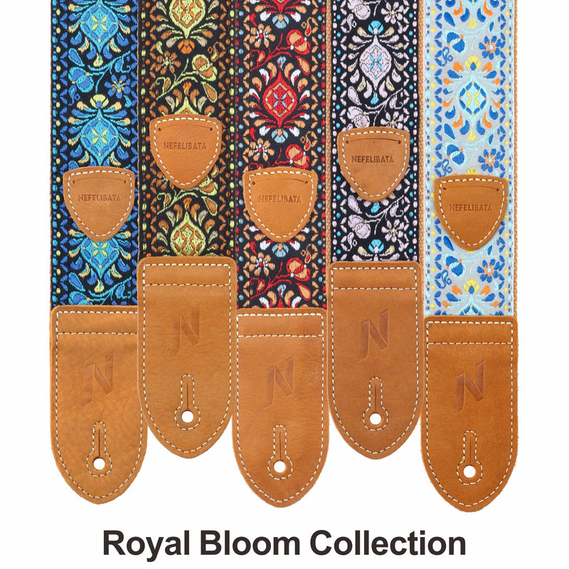 Nefelibata Guitar Strap,Double leather ends,Vintage Woven W/FREE BONUS-4 Picks+Strap Locks+Strap Button,Best Gift For Bass,Electric&Acoustic Guitars for Guitar(Vintage blue yellow embroidery) B#-vintage Blue Yellow Embroidery