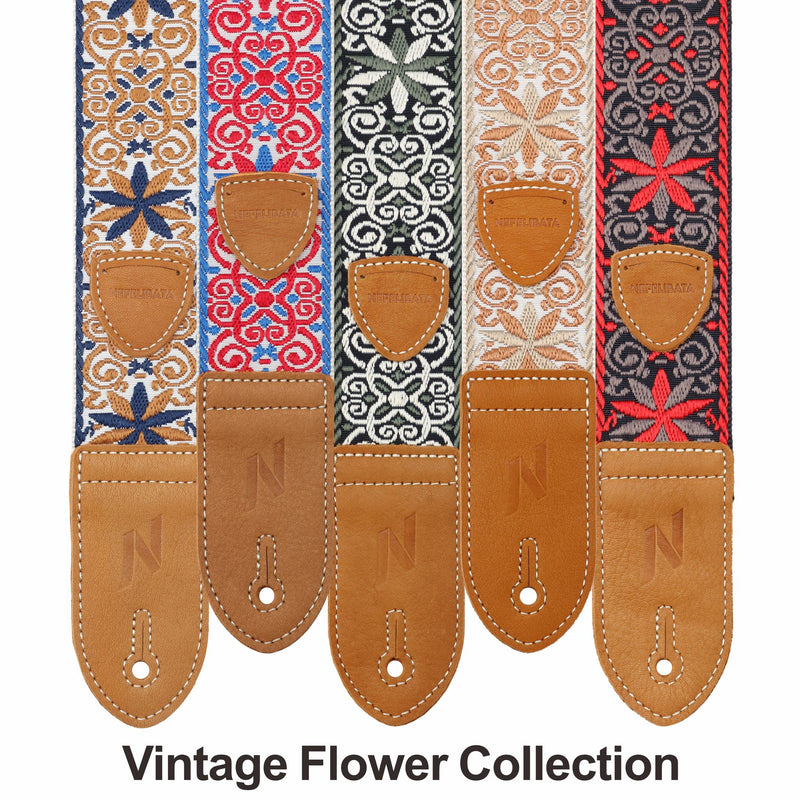 Nefelibata Guitar Strap,Double leather ends,Vintage Woven W/FREE BONUS-4 Picks+Strap Locks+Strap Button,Best Gift For Bass,Electric&Acoustic Guitars for Guitar(Vintage khaki yellow embroidery) A#-vintage Khaki Yellow Embroidery
