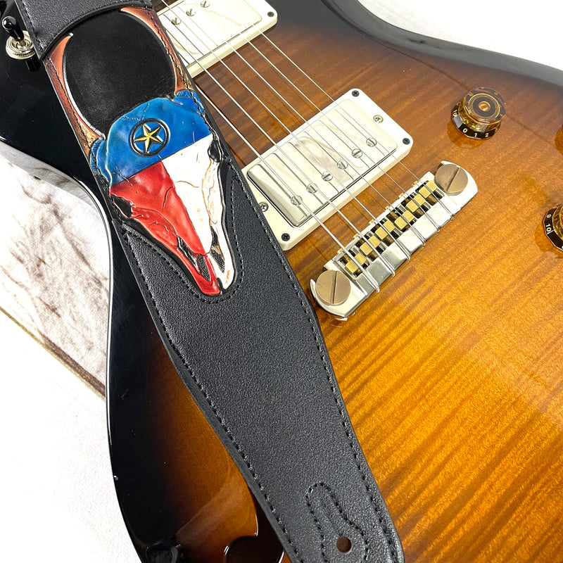 Walker & Williams CVG-19 Black Handmade Guitar Strap With Hand Tooled Red, White, And Blue Texas Star Longhorn Design On Premium Carving Leather For Acoustic, Electric, And Bass Guitars