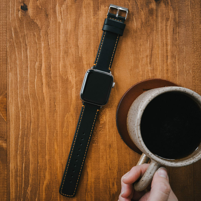 BARTON WATCH BANDS - Top Grain Leather Watch Bands Compatible with Apple Watch Models - 1, 2, 3, 4, 5, 6, 7, 8, 9, 10, SE, Ultra & Ultra 2 38 mm/40 mm/41 mm Black Leather / Orange Stitching