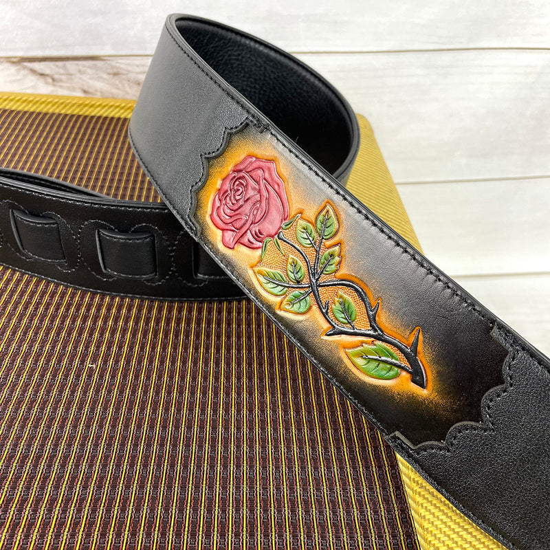 Walker & Williams CVG-56 Black Leather Strap With 100% Hand Tooled Red Rose Design