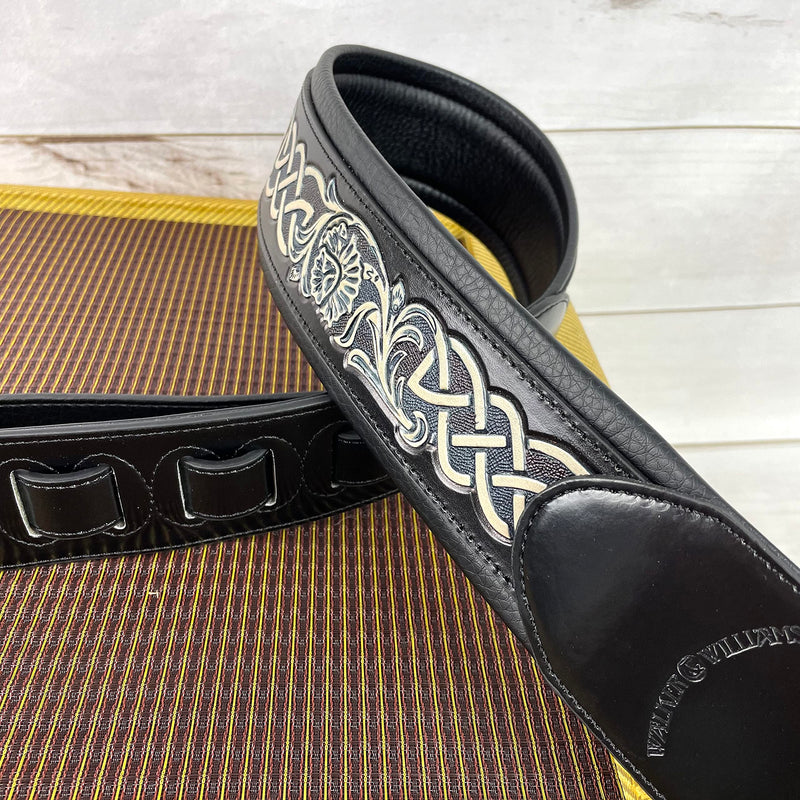 Walker And Williams KB-05-BLK Black Full Grain Center Block Premium Carving Leather Padded Guitar Strap With Aged White Carved Celtic Chain For Acoustic, Electric, And Bass Guitars