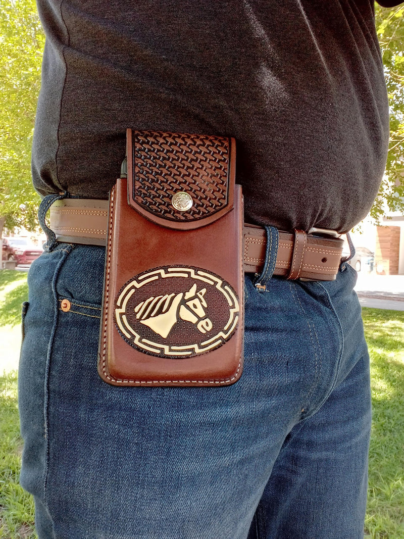 Marquez Western autentic Leather Mexican Cell Phone Holster for Belt with Secure Closure. Hand Painted Horse Design. Universal Size (Brown)