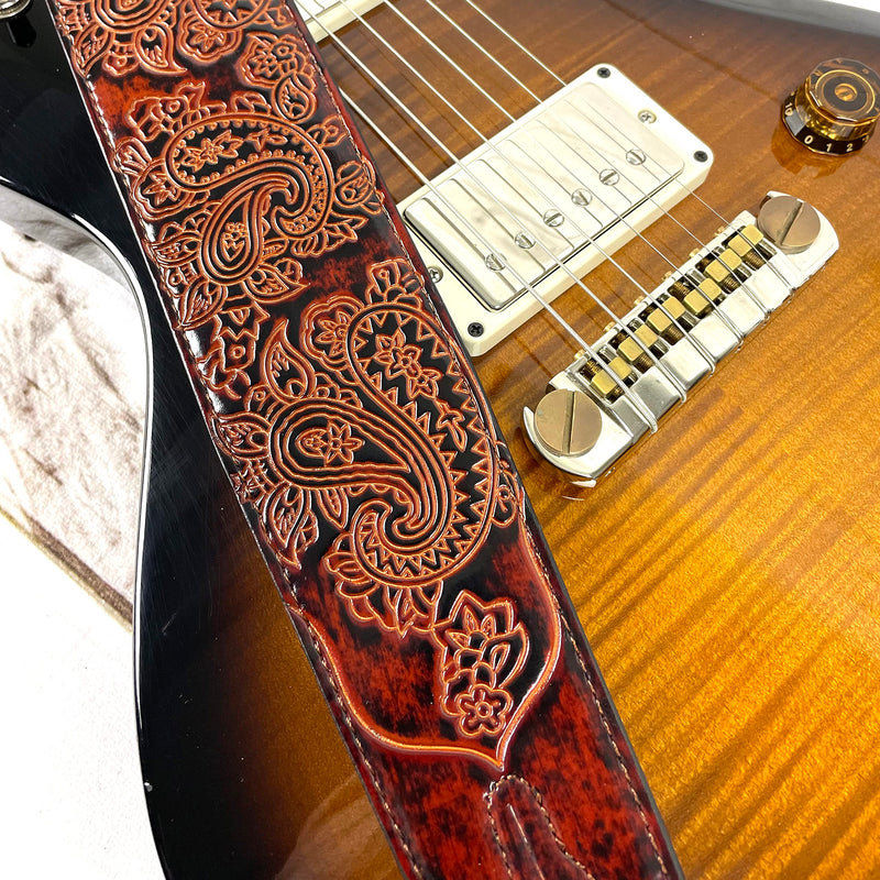 Walker And Williams GB-32 Handmade Bourbon Brown Padded Guitar Strap with Vintage Paisley Pattern For Acoustic, Electric, And Bass Guitars