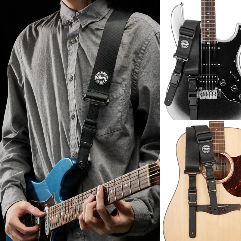 Amumu Nylon Snapclock Guitar Strap with Clip Buckle for Acoustic, Electric, Bass Guitar with Strap Blocks & Headstock Tie Black