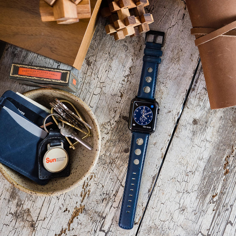 BARTON WATCH BANDS - Horween Leather Watch Bands Compatible with Apple Watch Models - 1, 2, 3, 4, 5, 6, 7, 8, 9, 10, SE, Ultra & Ultra 2 Navy Blue (Rally Style) Large Apple Watch (42mm/44mm/45mm/49mm)