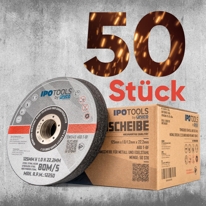 IPOTOOLS Cutting Discs 125 Metal 1 mm - Flex Discs 125 Metal Thin for Metal, Steel, Inox, Stainless Steel Extra Thin Flex Discs for Angle Grinders, Pack of 50