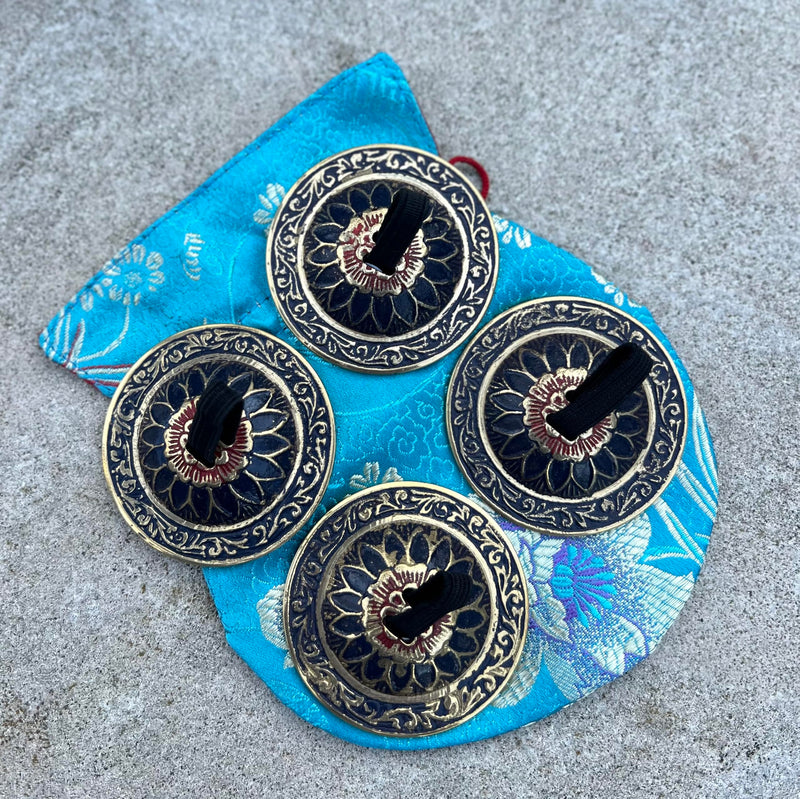 Belly Dancing Floral Lotus Pro Finger Zills Cymbals Hand Crafted Solid Brass Blue