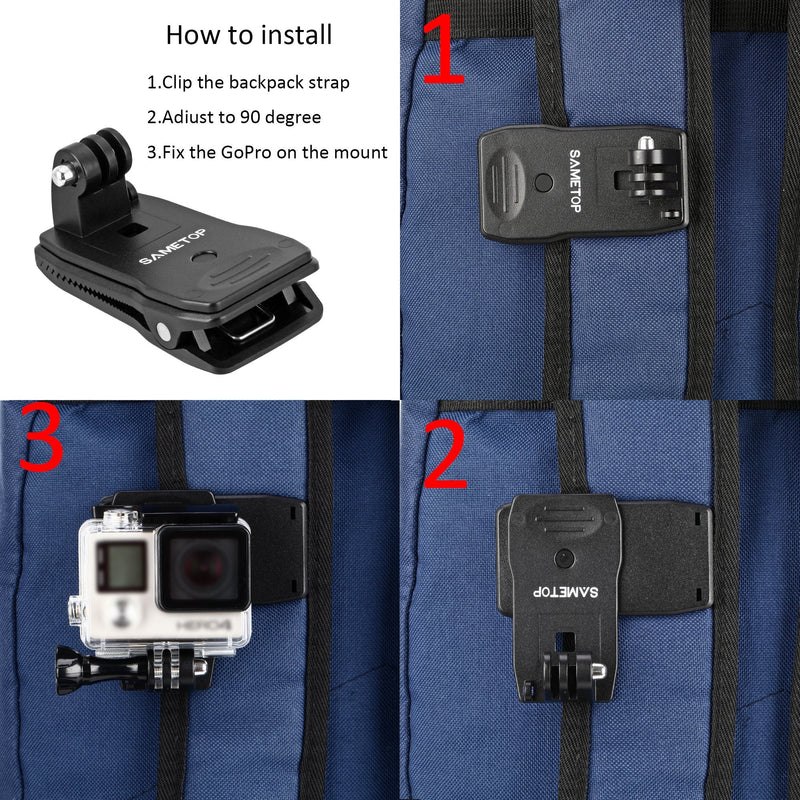 Sametop Backpack Strap Mount Quick Clip Mount Compatible with Gopro Hero 12, 11, 10, 9, 8, 7, 6, 5, 4, Session, 3+, 3, 2, 1, Hero (2018), Fusion, Max, DJI Osmo, Xiaomi Yi Action Cameras