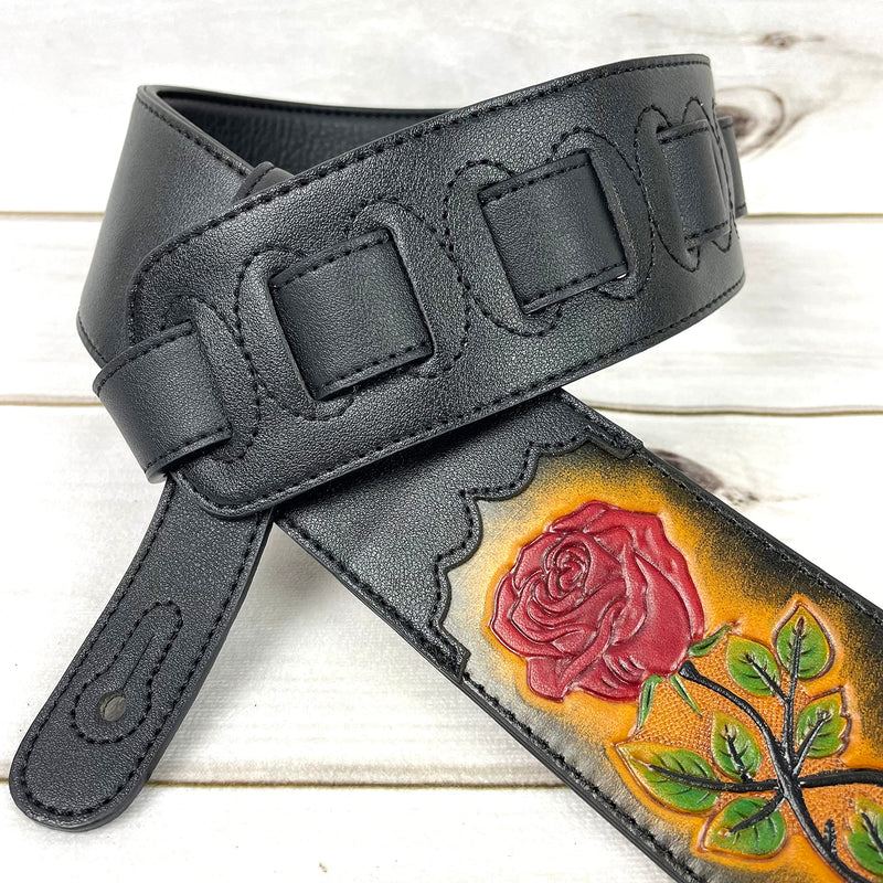 Walker & Williams CVG-56 Black Leather Strap With 100% Hand Tooled Red Rose Design