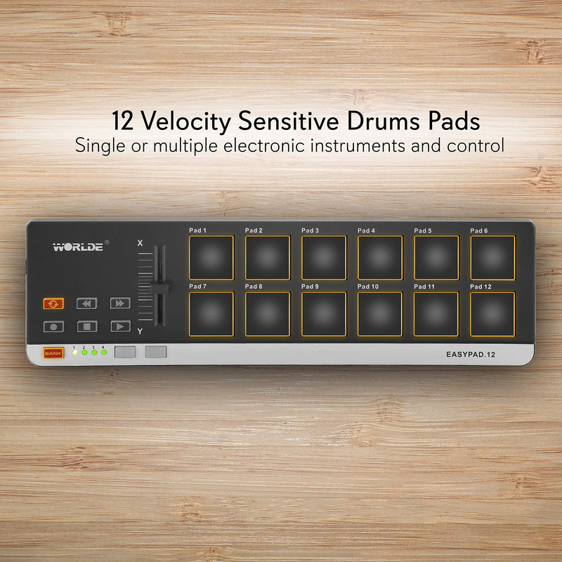 USB MIDI Controller Drum Pad - Mini Portable Beat Maker Workstation Equipment w/ 12 Drum Pads, DJ Fader Slider & Transport Buttons - Control any DAW Software Kit for Laptop Recording - Pyle PMIDIPD20