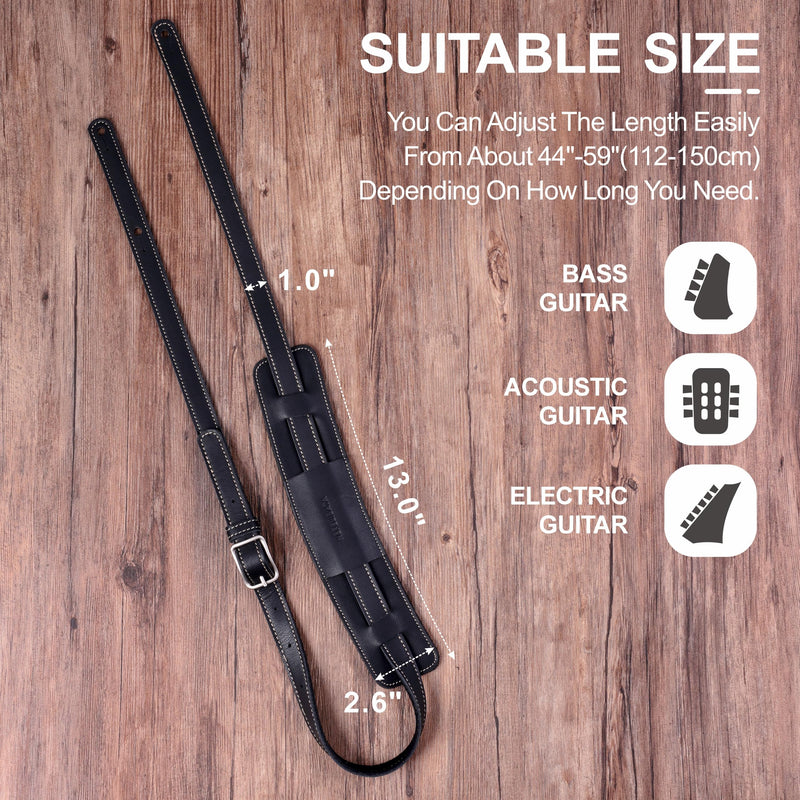 Nefelibata Guitar Strap/Bass Strap with Shoulder Pad and Bavarian Tumbled Cowhide Lining for Acoustic Guitar/Electric Guitar/Bass Black