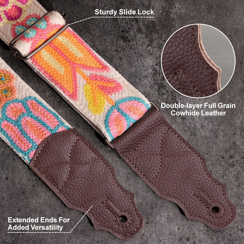[AUSTRALIA] - Guitar Strap 2", Soft Woolen Knit, Cowhide Leather End, for Acoustic and Bass Electric Guitars, Free Button, 2 Strap Locks and 4 Guitar Picks Animated Flower-1 