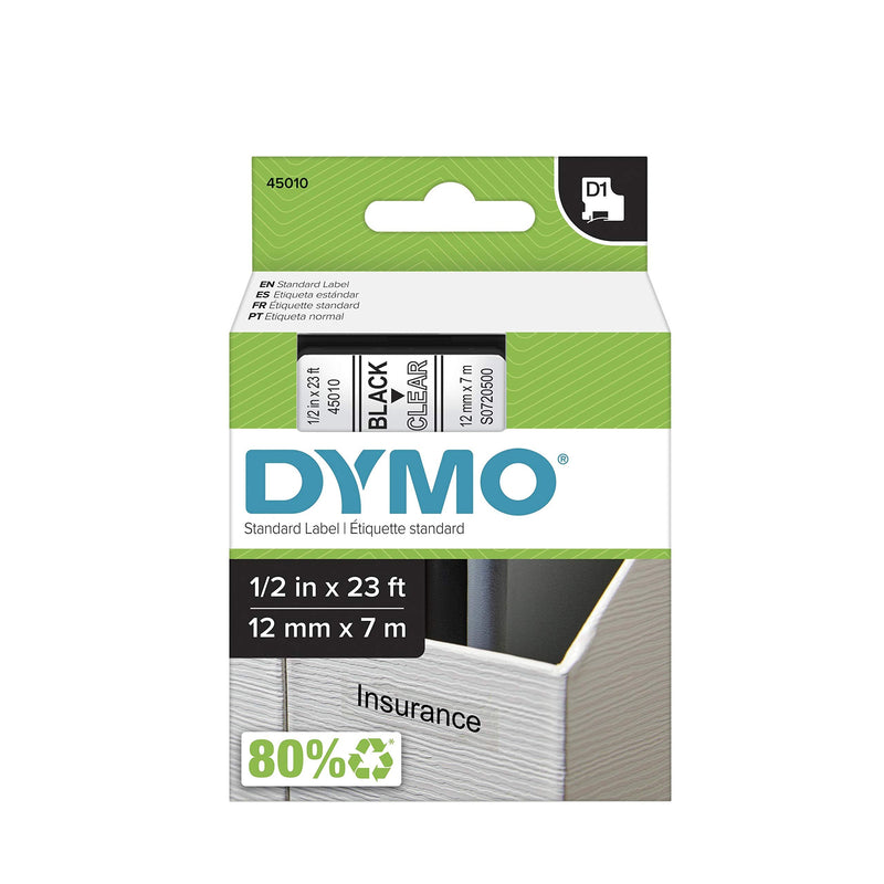 [AUSTRALIA] - DYMO Standard D1 45010 Labels for LabelManager Label Makers, 1/2" W x 23' L, Black Print on Clear Tape, Self-Adhesive, 1 Cartridge 1/2" Black on Clear 