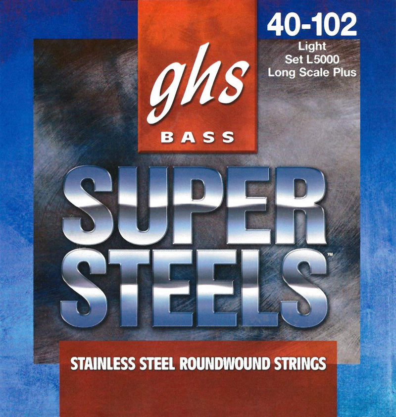 GHS Strings 4 Super Steels, Stainless Steel Bass Strings, Long Scale Plus, Light (.040.102) (L5000)