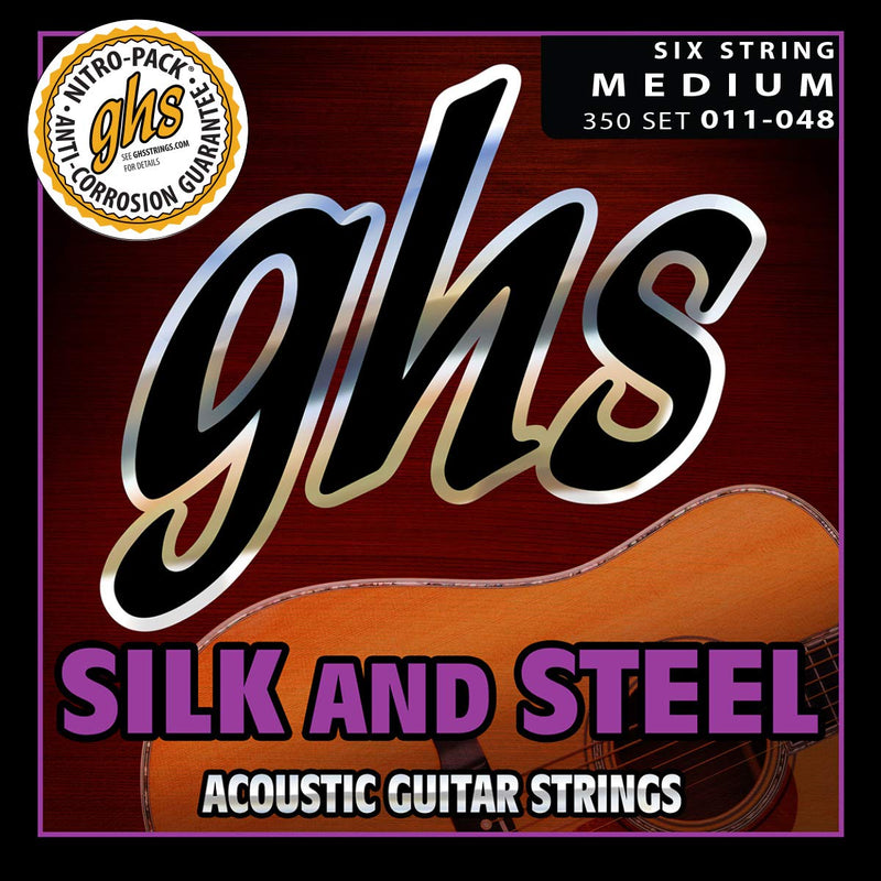 [AUSTRALIA] - GHS Strings 350 Silk And Steel, Silver-Plated Copper Acoustic Guitar Strings, Medium (11-48) Medium (11-48) Pack of 1 