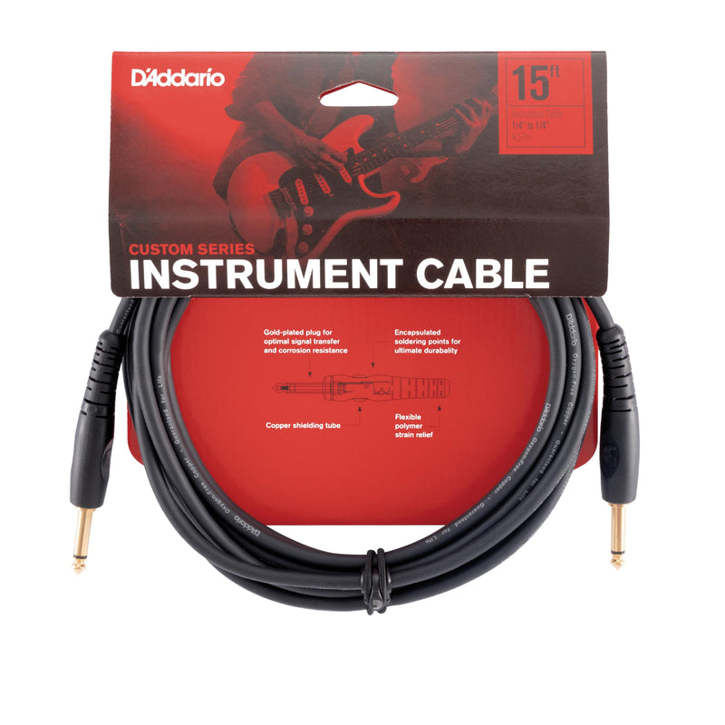 D’Addario Accessories Custom Series Guitar Cables - Instrument Cable with ¼ Inch Ends - High Performance Guitar Cord - For Guitars, Bass, Keyboards - Mono - Straight End, 15 feet