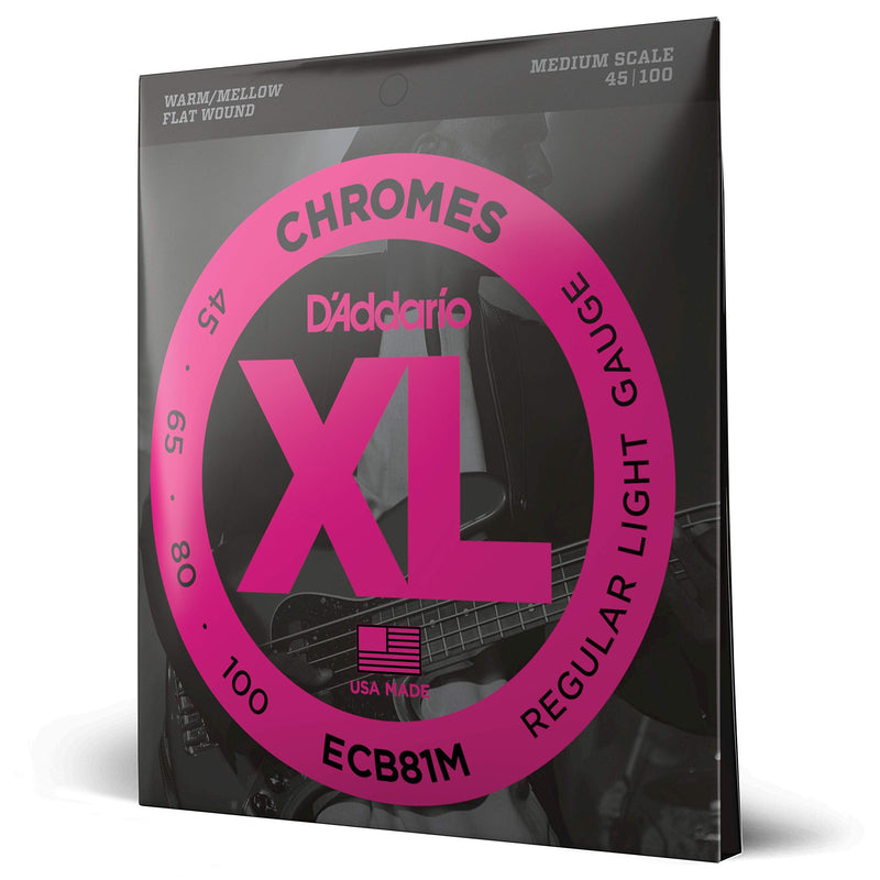 D'Addario XL Chromes Flat Wound Bass Guitar Strings - ECB81M - Medium Scale - Regular Light, 45-100