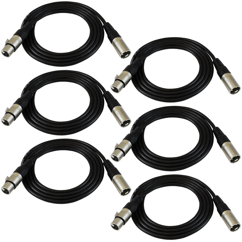 GLS Audio 6ft Patch Cable Cords - XLR Male to XLR Female Black Cables - 6' Balanced Snake Cord - Pack of 6 6 Ft.
