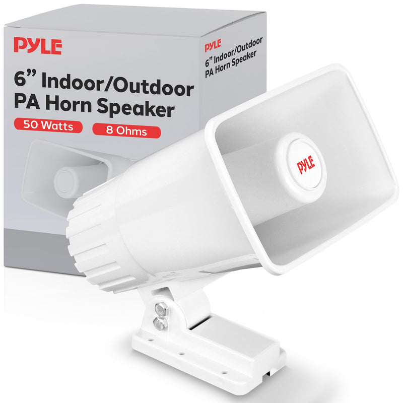 Pyle Indoor / Outdoor PA Horn Speaker - 6” Portable PA Speaker With 8 Ohms Impedance & 50 Watts Peak Power - Mounting Bracket & Hardware Included - Pyle PHSP4 White