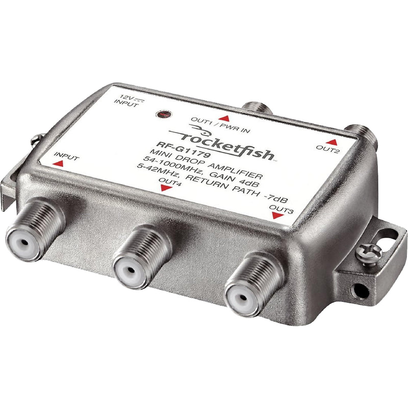 Rocketfish 4 Output Coaxial Amplifier - Coaxial Connection Amplifier for Cable TV & Modems - Antenna Amplifier with LED Power-On Indicator & 2-Way Frequency Range - Amplifier Prevents Signal Loss