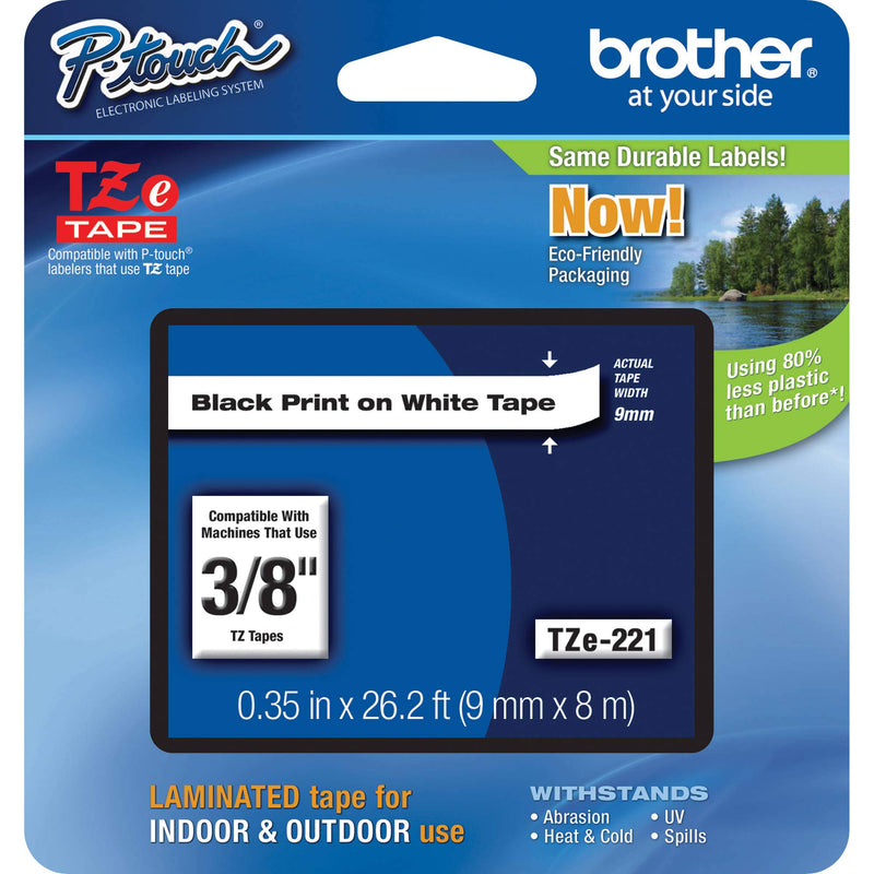 [AUSTRALIA] - Brother Genuine P-touch TZE-221 Tape, 3/8" (0.35") Standard Laminated P-touch Tape, Black on White, Laminated for Indoor or Outdoor Use, Water Resistant, 26.2 Feet (8M), Single-Pack 3/8" 