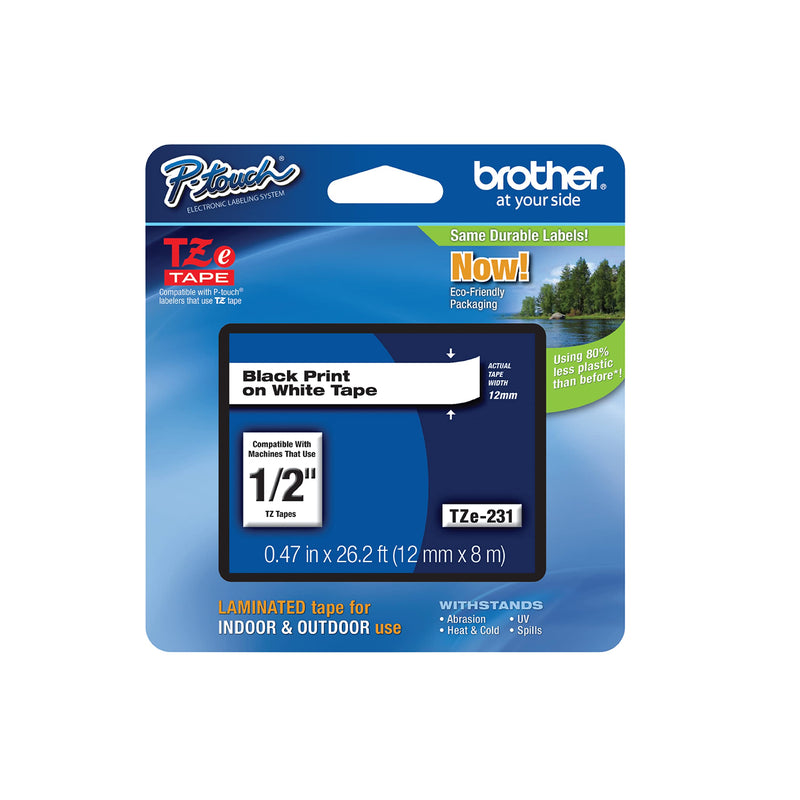 [AUSTRALIA] - Brother Genuine P-touch TZE-231 Tape, 1/2" (0.47") Wide Standard Laminated Tape, Black on white, Laminated for Indoor or Outdoor Use, Water-Resistant, 0.47" x 26.2' (12mm x 8M), TZE231 Black on White Standard 