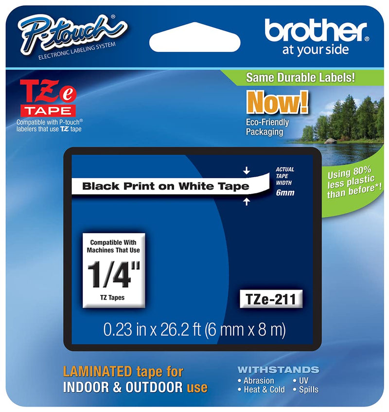 Brother Genuine P-touch TZE-211 Label Tape 1, 1/4" (0.23") Standard Laminated P-touch Tape, Black on White, Laminated for Indoor or Outdoor Use, Water Resistant, 26.2 Feet (8M), Single-Pack 1/4"